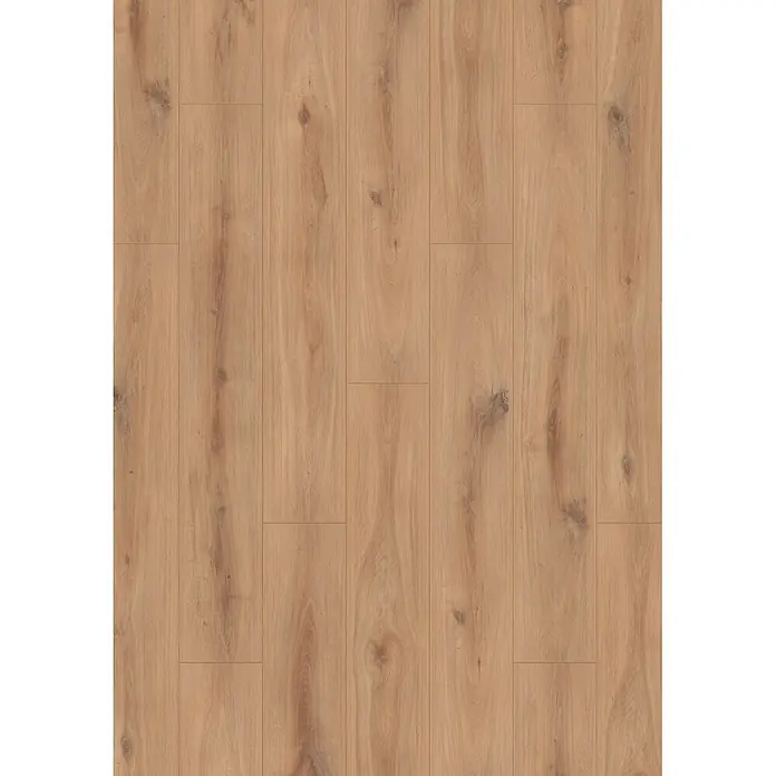 Krono Original Laminat Classic Silent - Golden Vista Oak, Landhausdiele, 1.288 x 195 x 9 mm - Hellbrauner Holzlaminatboden mit Maserung und Ästen, in Dielen verlegt.
