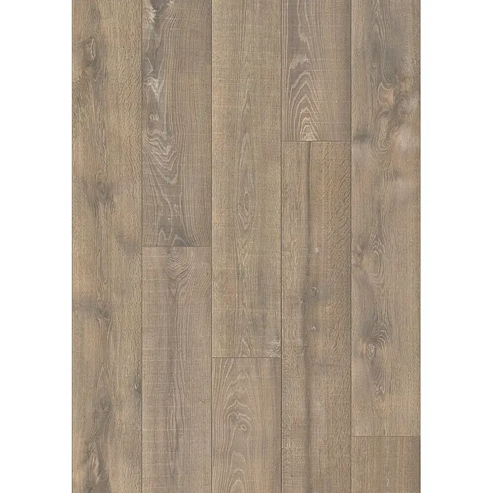 Krono Original Laminat Long Plank 12 - Ferry Oak, Landhausdiele, 2.003 x 245 x 12 mm - Holzboden mit natürlichen, gedämpften Braun- und Grautönen, mit deutlicher Maserung auf mehreren Dielen.
