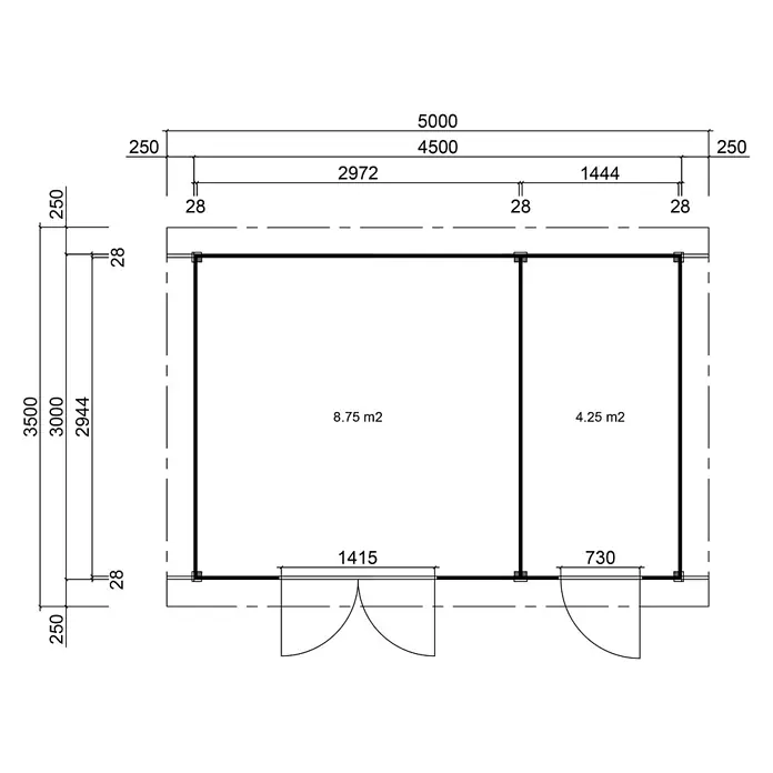 Fjordholz Gartenhaus Alu Line 28-F - Außenmaß inkl. Dachüberstand (B x T): 500 x 350 cm, Holz, Naturbelassen - Technischer Plan eines rechteckigen Grundrisses mit zwei Räumen, Gesamtabmessungen (5000x3500mm), Innenmaßen und Raumflächen (8.75m², 4.25m²). Türplatzierungen sind eingezeichnet.