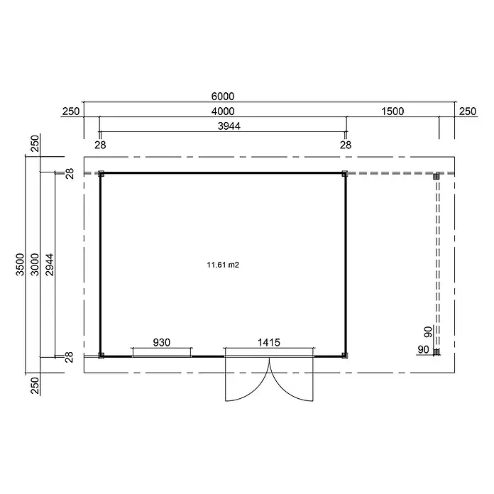 Fjordholz Gartenhaus Alu Line 28-E Modern Style Struktur-Milchglas - Außenmaß inkl. Dachüberstand (B x T): 600 x 350 cm, Holz, Kiefer/Pinie Imprägnierung - Technische Zeichnung eines rechteckigen Grundrisses mit Maßen für eine Struktur, inkl. Innenfläche von 11,61 m².