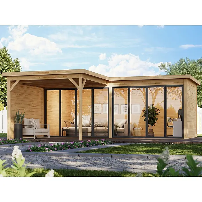 Fjordholz Gartenhaus Office IsoSlide 9 VD - Außenmaß inkl. Dachüberstand (B x T): 662,2 x 351,6 cm, Holz, Farblose Imprägnierung - Modernes Gartenhaus aus Holz mit großen Glastüren und überdachter Terrasse, vielseitiger Außenbereich.
