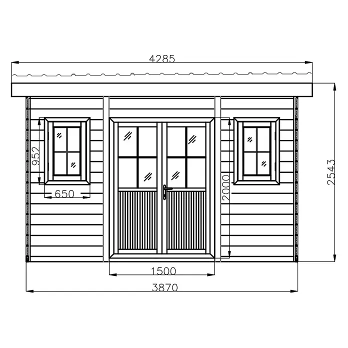 Fjordholz Gartenhaus Nexo White 15,0 m² - Außenmaß inkl. Dachüberstand (B x T): 428,5 x 423 cm, Aluminium, Grau / Weiß - Technische Vorderansicht eines Holzgartenhauses mit horizontaler Verkleidung, Doppeltüren, zwei Fenstern und Wellblechdach, mit Hauptmaßen.