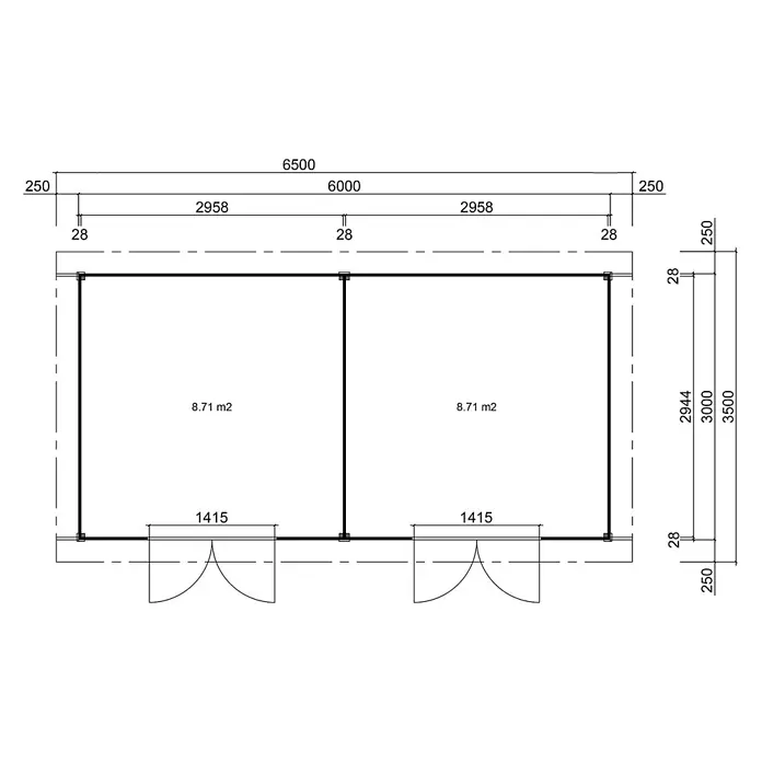Fjordholz Gartenhaus Alu Line 28-H Classic Style Klarglas - Außenmaß inkl. Dachüberstand (B x T): 650 x 350 cm, Holz, Farblose Imprägnierung - Technische Zeichnung: Grundriss eines zweiräumigen Gebäudes mit Hauptmaßen, Raumflächen (8,71 m²) und Türbreiten.