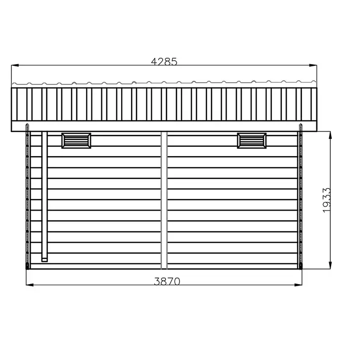 Fjordholz Gartenhaus Nexo White 15,0 m² - Außenmaß inkl. Dachüberstand (B x T): 428,5 x 423 cm, Aluminium, Grau / Weiß - Hölzerner Gartenschuppen mit Lattenwänden, Wellblechdach und zwei Türen mit Lüftungsschlitzen.
