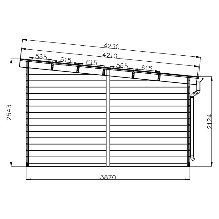 Fjordholz Gartenhaus Nexo White 15,0 m² - Außenmaß inkl. Dachüberstand (B x T): 428,5 x 423 cm, Aluminium, Grau / Weiß - Technische Zeichnung eines Pultdachschuppens mit Höhen- und Längenmaßen.