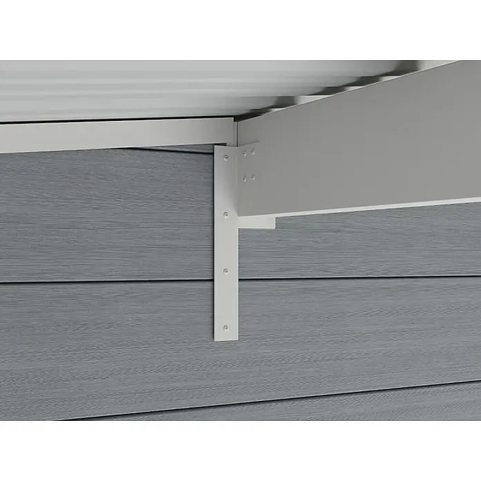 Fjordholz Gartenhaus Nexo White 15,0 m² - Außenmaß inkl. Dachüberstand (B x T): 428,5 x 423 cm, Aluminium, Grau / Weiß - Weißer L-Winkel hält einen horizontalen Träger an einer grauen Verkleidungswand mit Holzmaserung.