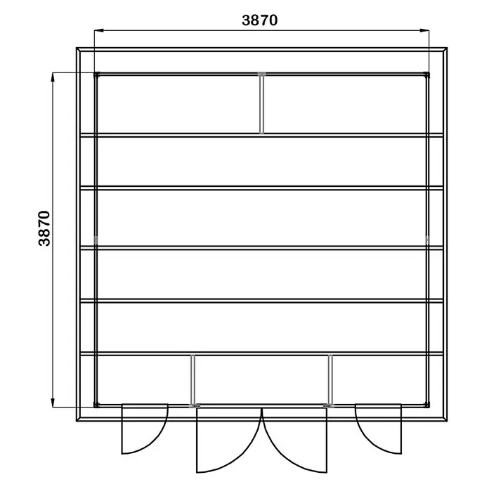 Fjordholz Gartenhaus Nexo White 15,0 m² - Außenmaß inkl. Dachüberstand (B x T): 428,5 x 423 cm, Aluminium, Grau / Weiß - Grundriss eines quadratischen Gartenhauses, 3870x3870, mit Fenstern und Doppeltür.