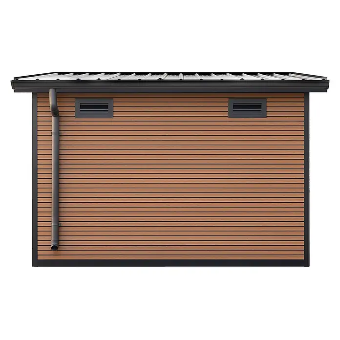 Fjordholz Gartenhaus FineLine 5,8 m² Teak - Außenmaß inkl. Dachüberstand (B x T): 322 x 236 cm, Aluminium, Teak / Nussbaum - Modulgebäude mit brauner Horizontalverkleidung, schwarzem Metalldach, Dachrinne und zwei Lüftungsschlitzen.