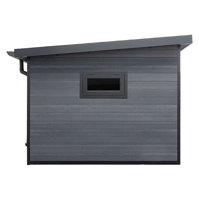 Fjordholz Gartenhaus Lounge XL - Außenmaß inkl. Dachüberstand (B x T): 721,5 x 325 cm, Aluminium, Anthrazit/grau - Dunkelgrauer Geräteschuppen mit horizontaler Verbundverkleidung, Schrägdach und kleinem zentralem Fenster.