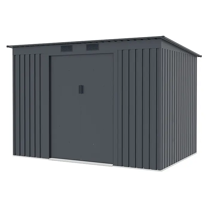 StarLine Metall Gerätehaus Pento 4,72 m² - Außenbreite inkl. Dachüberstand: 261 cm, Außentiefe inkl. Dachüberstand: 181 cm, Metall, Anthrazit - Dunkelgrauer Wellblech-Gartenschuppen mit Doppeltüren und oberen Lüftungsöffnungen.