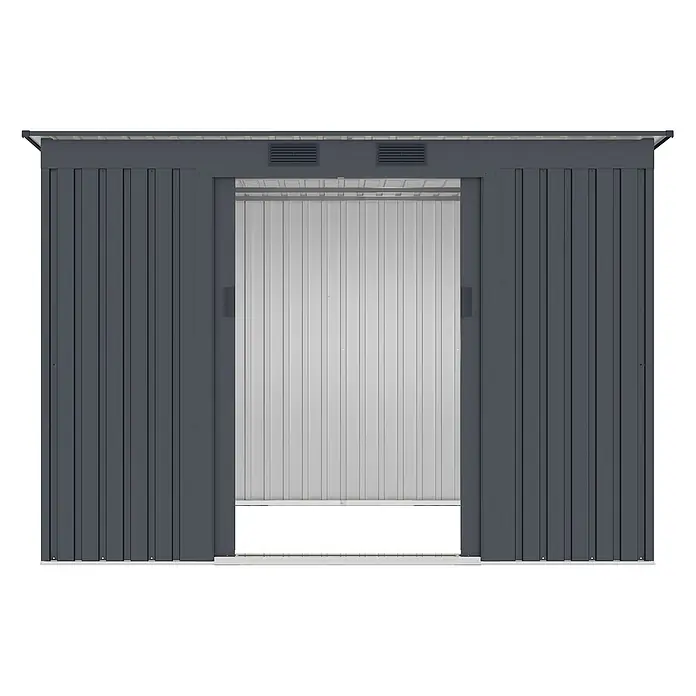 StarLine Metall Gerätehaus Pento 4,72 m² - Außenbreite inkl. Dachüberstand: 261 cm, Außentiefe inkl. Dachüberstand: 181 cm, Metall, Anthrazit - Dunkelgraues Metallgerätehaus mit offenen Schiebetüren, das einen hellgrauen Innenraum zeigt.