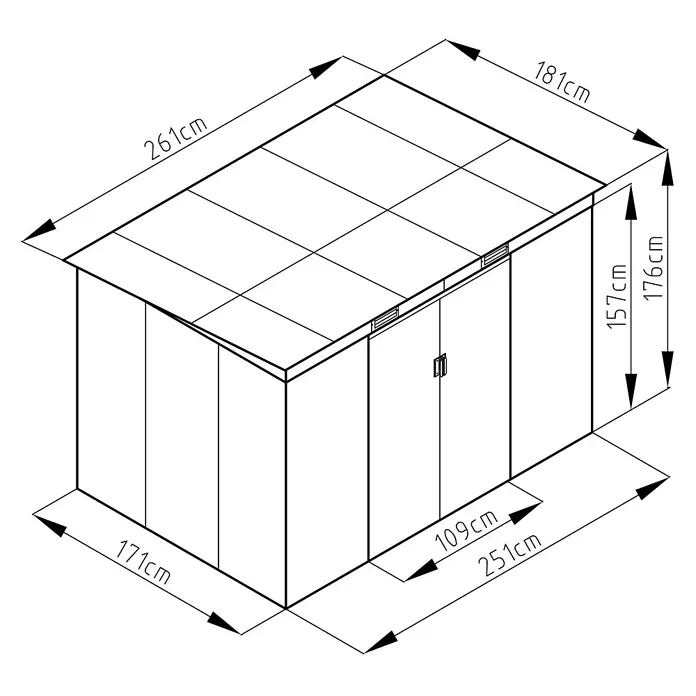 StarLine Metall Gerätehaus Pento 4,72 m² - Außenbreite inkl. Dachüberstand: 261 cm, Außentiefe inkl. Dachüberstand: 181 cm, Metall, Anthrazit - Strichzeichnung eines Geräteschuppens mit Maßen: 261cm Breite, 181cm Tiefe, 176cm Höhe.