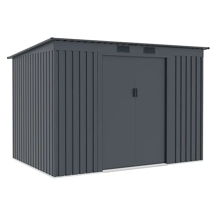 StarLine Metall Gerätehaus Pento 4,72 m² - Außenbreite inkl. Dachüberstand: 261 cm, Außentiefe inkl. Dachüberstand: 181 cm, Metall, Anthrazit - Dunkelgrauer Metall-Gartenschuppen mit Doppeltüren und Lüftungsgittern.