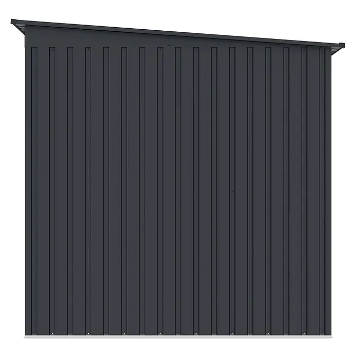 StarLine Metall Gerätehaus Pento 4,72 m² - Außenbreite inkl. Dachüberstand: 261 cm, Außentiefe inkl. Dachüberstand: 181 cm, Metall, Anthrazit - Dunkelgraue Metall-Geräteschuppenwand mit vertikalen Paneelen und schrägem Dach.