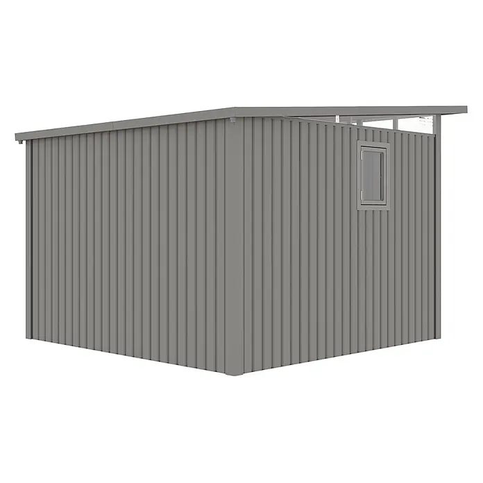 StarLine Metall Gerätehaus Skylight 7,56 m² Alu Grau - Außenbreite inkl. Dachüberstand: 289 cm, Außentiefe inkl. Dachüberstand: 318 cm, Metall, Aluminium Grau (RAL 9007) - Grauer Metallgartenschuppen mit Wellblechverkleidung, Flachdach und kleinem Fenster.