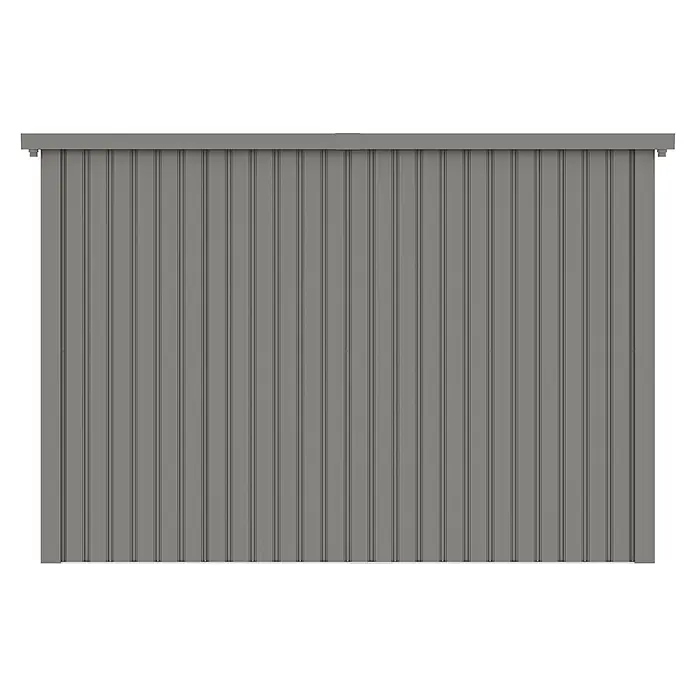 StarLine Metall Gerätehaus Skylight 5,80 m² Alu Grau - Außenbreite inkl. Dachüberstand: 289 cm, Außentiefe inkl. Dachüberstand: 253 cm, Metall, Aluminium Grau (RAL 9007) - Graues geripptes Zaunpaneel.