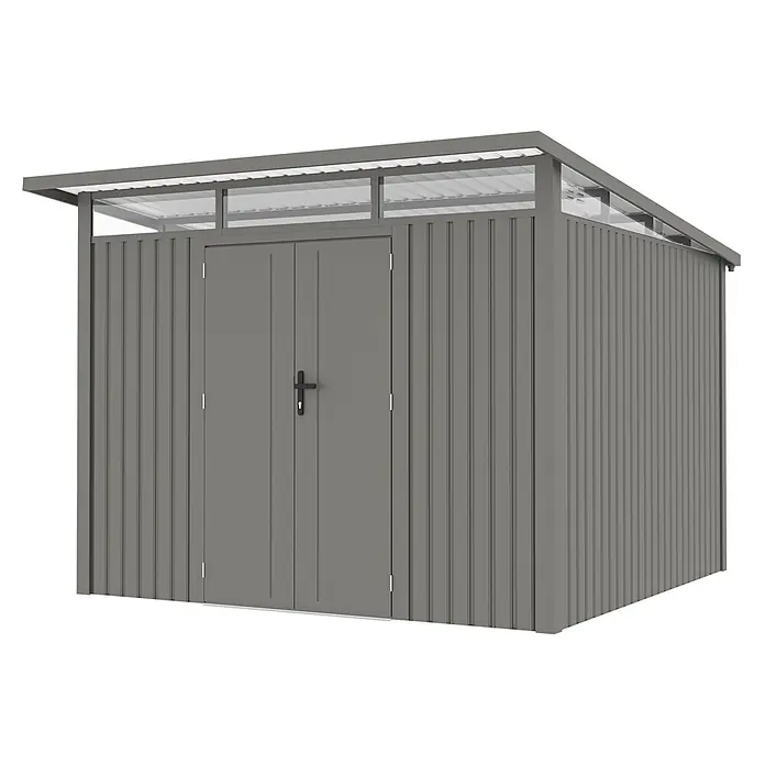 StarLine Metall Gerätehaus Skylight 5,80 m² Alu Grau - Außenbreite inkl. Dachüberstand: 289 cm, Außentiefe inkl. Dachüberstand: 253 cm, Metall, Aluminium Grau (RAL 9007) - Grauer Metall-Gartenschuppen mit transparenten Dachpaneelen und Doppeltüren.