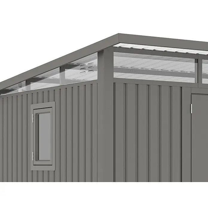 StarLine Metall Gerätehaus Skylight 5,80 m² Alu Grau - Außenbreite inkl. Dachüberstand: 289 cm, Außentiefe inkl. Dachüberstand: 253 cm, Metall, Aluminium Grau (RAL 9007) - Grauer Metallschuppen mit Wellblechwänden, kleinem Fenster und transluzenten Dachteilen.