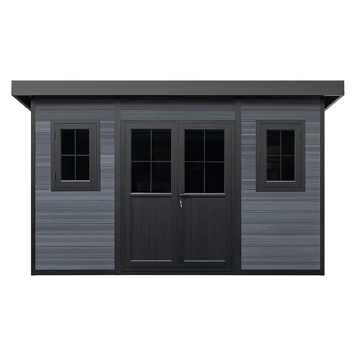Fjordholz Gartenhaus Style DeLuxe 15,0 m² - Außenmaß inkl. Dachüberstand (B x T): 428,5 x 423 cm, Aluminium, Anthrazit/grau - Anthrazitgraues Gerätehaus mit horizontalen Paneelwänden, schwarzen Doppeltüren mit Glas und zwei schwarzen Fenstern.