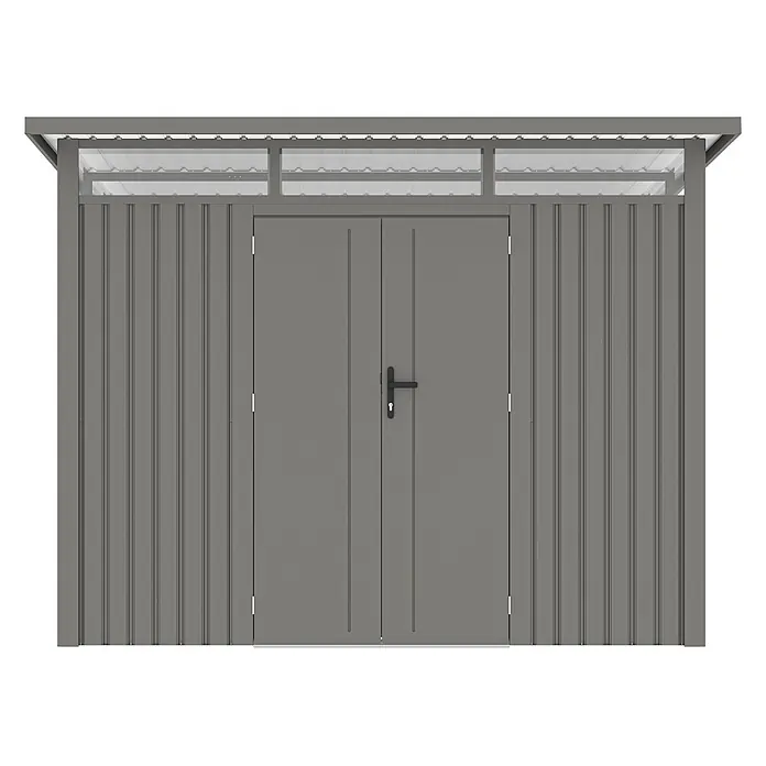 StarLine Metall Gerätehaus Skylight 5,80 m² Alu Grau - Außenbreite inkl. Dachüberstand: 289 cm, Außentiefe inkl. Dachüberstand: 253 cm, Metall, Aluminium Grau (RAL 9007) - Grauer Metallschuppen mit Doppeltüren und durchsichtiger Oberlichtblende, mit geriffelten Seitenwänden.