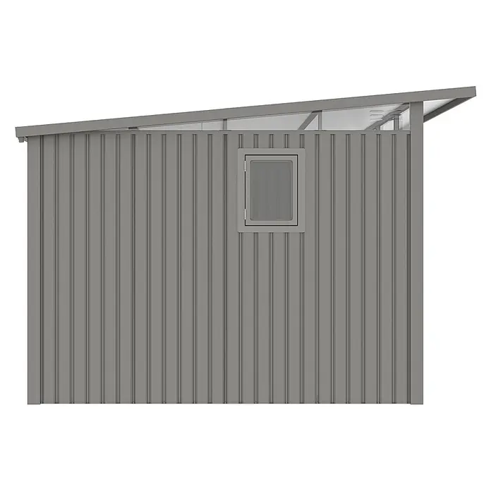 StarLine Metall Gerätehaus Skylight 7,56 m² Alu Grau - Außenbreite inkl. Dachüberstand: 289 cm, Außentiefe inkl. Dachüberstand: 318 cm, Metall, Aluminium Grau (RAL 9007) - Grauer Schuppen mit vertikaler Verkleidung, einem kleinen Fenster und einem Pultdach.