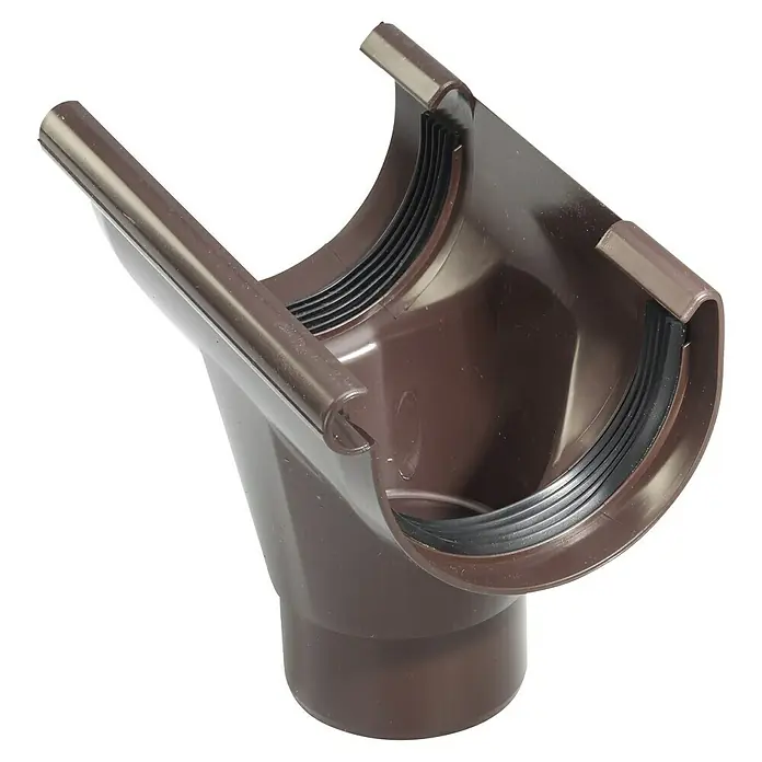 FunkeGruppe Rinnenstutzen - 125/75 mm, Kunststoff, Braun - Detaillierte Nahaufnahme eines braunen Dachrinnenstutzens, der ein wesentliches Element für die Regenwasserableitung darstellt.
