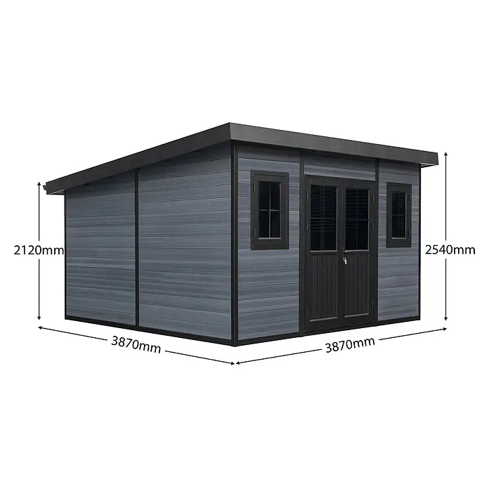 Fjordholz Gartenhaus Style DeLuxe 15,0 m² - Außenmaß inkl. Dachüberstand (B x T): 428,5 x 423 cm, Aluminium, Anthrazit/grau - Dunkelgrauer Geräteschuppen aus Verbundwerkstoff mit Pultdach, Doppeltüren und zwei Fenstern. Maße: B 3870mm, H 2120mm (vorn) / 2540mm (hinten).