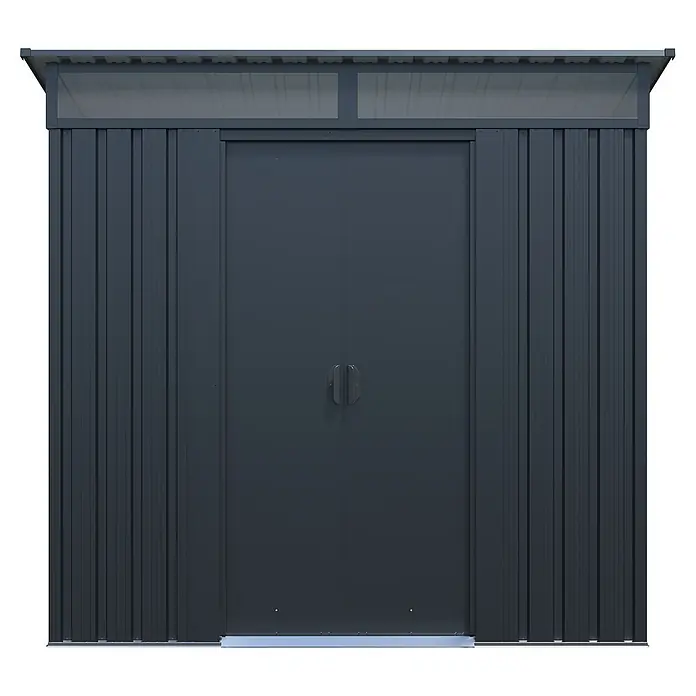 StarLine Metall Gerätehaus Lübeck 2,00 m² - Außenbreite inkl. Dachüberstand: 195 cm, Außentiefe inkl. Dachüberstand: 121 cm, Metall, Anthratit RAL 7016 - Dunkelgrauer Metall-Geräteschuppen mit Doppeltüren und lichtdurchlässigem Dachpanel.