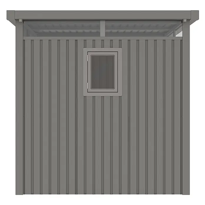 StarLine Metall Gerätehaus Style 4,45 m² Alu Grau - Außenbreite inkl. Dachüberstand: 230 cm, Außentiefe inkl. Dachüberstand: 230 cm, Metall, Aluminium Grau (RAL 9007) - Grauer Gartenschuppen mit vertikaler Verkleidung und kleinem rechteckigem Fenster.