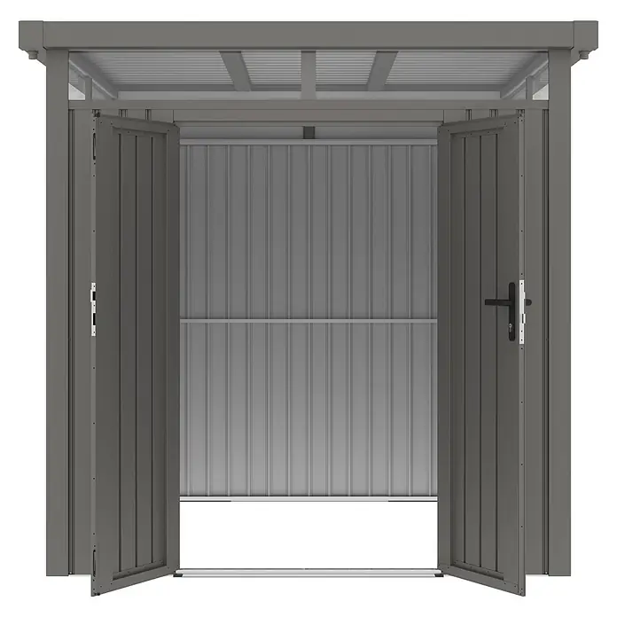 StarLine Metall Gerätehaus Style 4,45 m² Alu Grau - Außenbreite inkl. Dachüberstand: 230 cm, Außentiefe inkl. Dachüberstand: 230 cm, Metall, Aluminium Grau (RAL 9007) - Graues Metall-Gerätehaus mit weit geöffneten Doppeltüren, das den gewellten Innenraum zeigt.