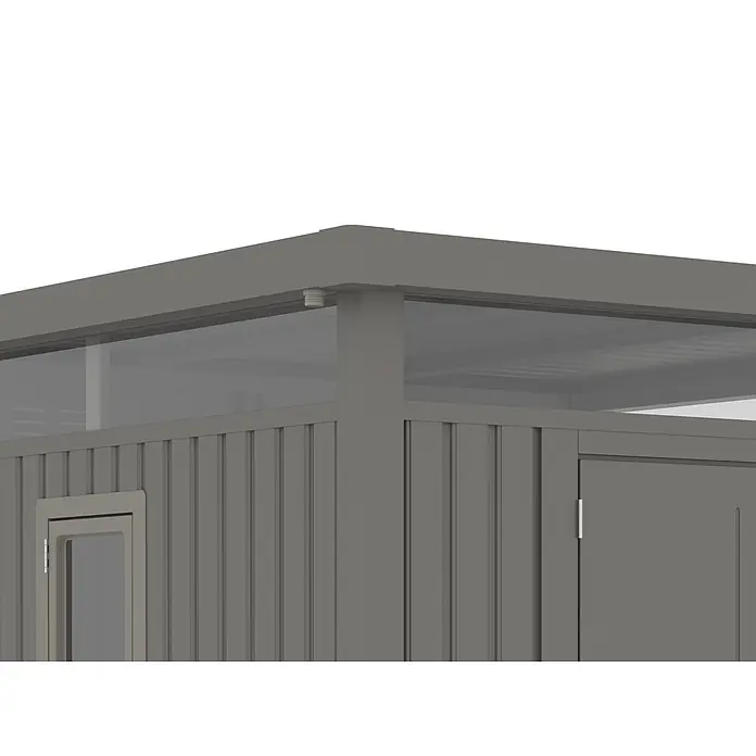 StarLine Metall Gerätehaus Style 7,56 m² Spar-Set-3 Alu Grau - Außenbreite inkl. Dachüberstand: 826 cm, Außentiefe inkl. Dachüberstand: 294 cm, Metall, Aluminium Grau (RAL 9007) - Graue modulare Außenstruktur mit lichtdurchlässigen oberen Paneelen, einem Seitenfenster und einer Tür.