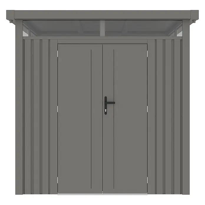 StarLine Metall Gerätehaus Style 4,45 m² Alu Grau - Außenbreite inkl. Dachüberstand: 230 cm, Außentiefe inkl. Dachüberstand: 230 cm, Metall, Aluminium Grau (RAL 9007) - Grauer Metallschuppen mit Doppeltüren, Schloss und oberem Fensterpaneel.