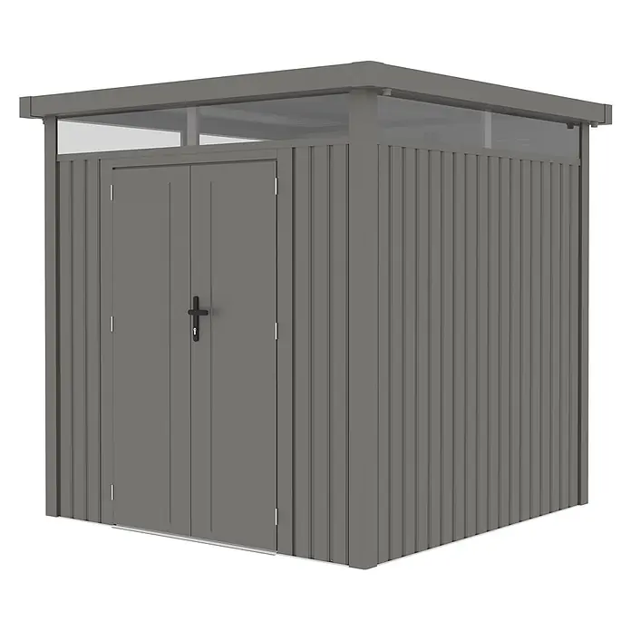 StarLine Metall Gerätehaus Style 4,45 m² Alu Grau - Außenbreite inkl. Dachüberstand: 230 cm, Außentiefe inkl. Dachüberstand: 230 cm, Metall, Aluminium Grau (RAL 9007) - Dunkelgrauer Metall-Gartenschuppen mit Doppeltüren und lichtdurchlässigen Dachpaneelen.