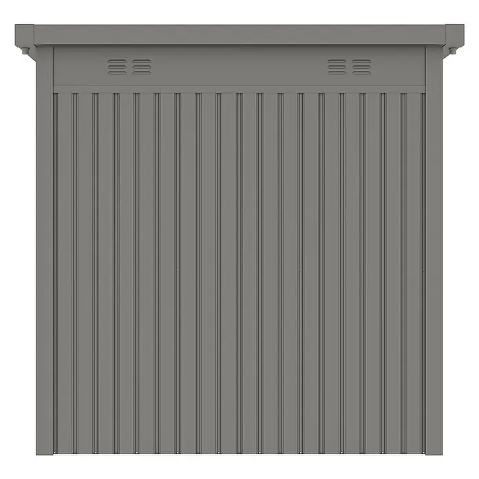 StarLine Metall Gerätehaus Style 4,45 m² Alu Grau - Außenbreite inkl. Dachüberstand: 230 cm, Außentiefe inkl. Dachüberstand: 230 cm, Metall, Aluminium Grau (RAL 9007) - Grauer, vertikal gerippter Lagerschrank mit oberen Lüftungsschlitzen.
