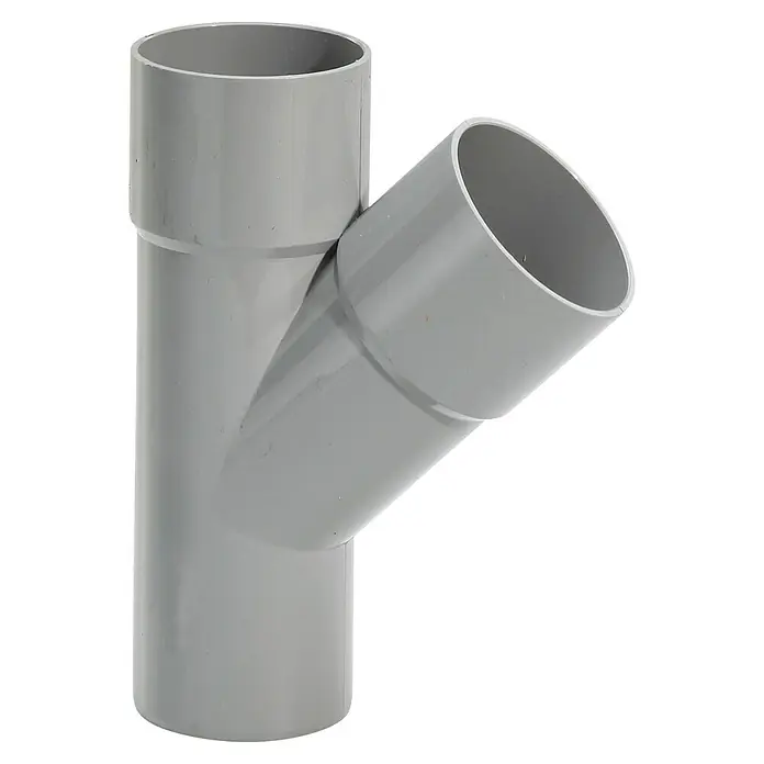 FunkeGruppe Fallrohrabzweig Vario - 45 °, Kunststoff, Grau, 50/50 mm - Graues PVC-Y-Stück mit drei Öffnungen, das für die Verbindung von Rohren in einem Sanitärsystem verwendet wird. Geeignet für Abwasser- und Entwässerungsanwendungen.