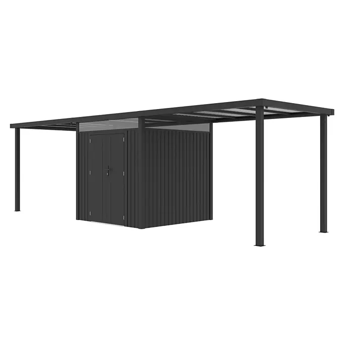 StarLine Metall Gerätehaus Style 4,45 m² Spar-Set 3 Anthrazit - Außenbreite inkl. Dachüberstand: 762 cm, Außentiefe inkl. Dachüberstand: 230 cm, Metall, Anthrazit - Dunkelgrauer Metall-Geräteschuppen mit transparentem Vordach als Carport, ideal für Stauraum und Unterstand.