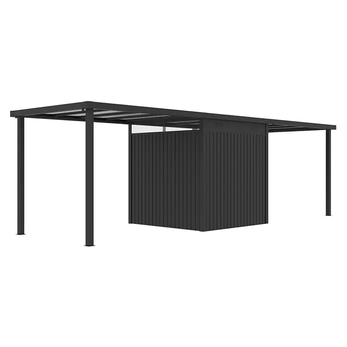 StarLine Metall Gerätehaus Style 4,45 m² Spar-Set 3 Anthrazit - Außenbreite inkl. Dachüberstand: 762 cm, Außentiefe inkl. Dachüberstand: 230 cm, Metall, Anthrazit - Schwarzes Metallvordach mit integriertem gerippten Gehäuse, als Unterstand oder Lager.