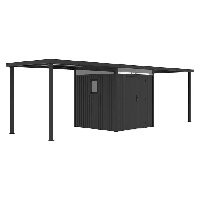 StarLine Metall Gerätehaus Style 4,45 m² Spar-Set 3 Anthrazit - Außenbreite inkl. Dachüberstand: 762 cm, Außentiefe inkl. Dachüberstand: 230 cm, Metall, Anthrazit - Schwarzer Metall-Geräteschuppen mit kleinem Fenster, Doppeltür und integriertem Carport.