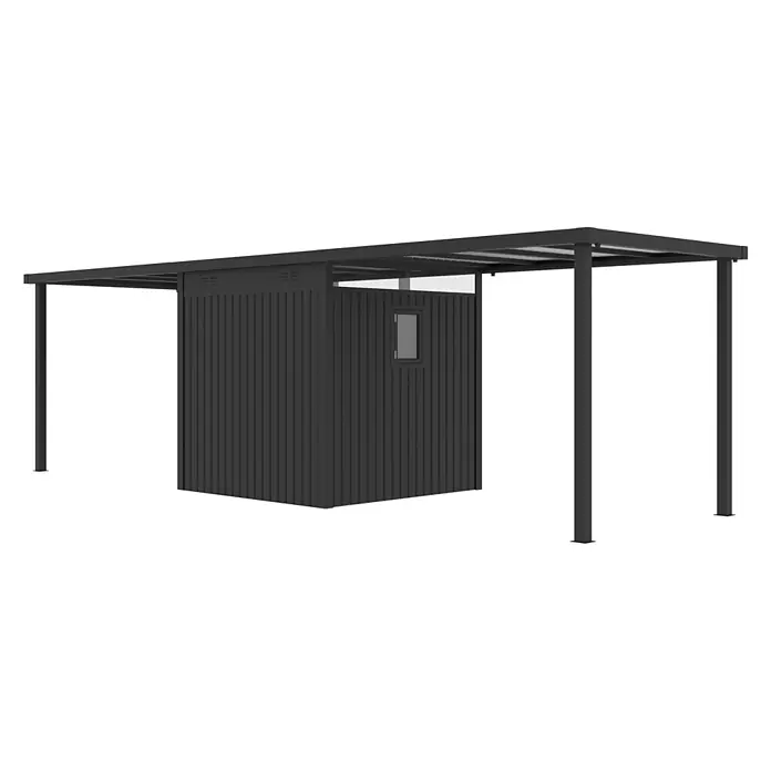 StarLine Metall Gerätehaus Style 4,45 m² Spar-Set 3 Anthrazit - Außenbreite inkl. Dachüberstand: 762 cm, Außentiefe inkl. Dachüberstand: 230 cm, Metall, Anthrazit - Schwarzer Metall-Außenunterstand mit integrierter Abstellkabine, vertikalen Lamellen und kleinem Fenster.