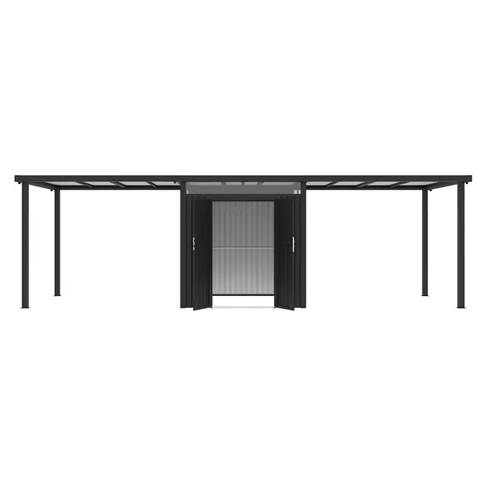StarLine Metall Gerätehaus Style 4,45 m² Spar-Set 3 Anthrazit - Außenbreite inkl. Dachüberstand: 762 cm, Außentiefe inkl. Dachüberstand: 230 cm, Metall, Anthrazit - Dunkles Metall-Carport mit durchscheinendem Dach und integriertem Geräteschuppen mit geöffneten Doppeltüren.