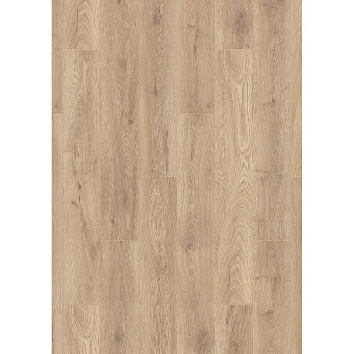 Krono Original Laminat Comfort Silent Cork - Biscotti Oak, Landhausdiele, 1.288 x 195 x 8 mm - Helles braunes Laminatboden mit natürlicher Holzmaserung und feinen Ästen, in versetztem Muster verlegt.