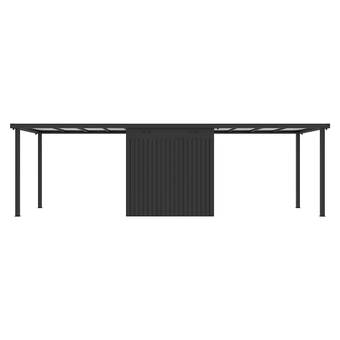 StarLine Metall Gerätehaus Style 4,45 m² Spar-Set 3 Anthrazit - Außenbreite inkl. Dachüberstand: 762 cm, Außentiefe inkl. Dachüberstand: 230 cm, Metall, Anthrazit - Schwarze Metall-Pergola mit Lamellendach und einer mittigen vertikalen Stauraumeinheit.