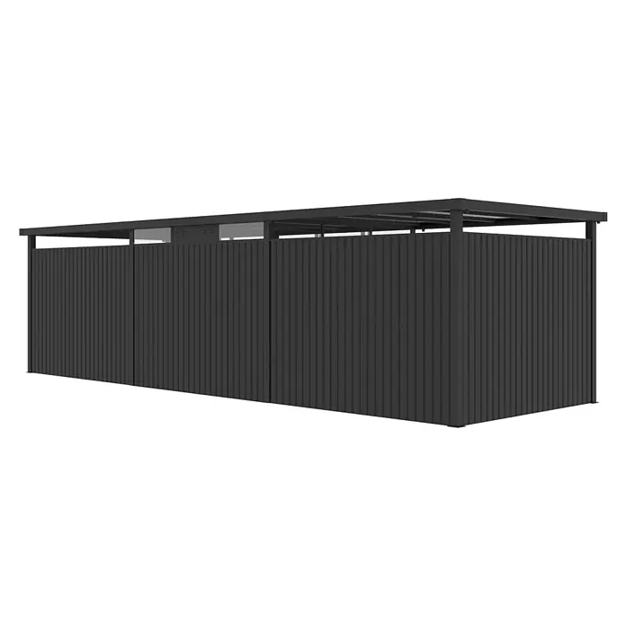 StarLine Metall Gerätehaus Style 7,56 m² Spar-Set-4 Anthrazit - Außenbreite inkl. Dachüberstand: 826 cm, Außentiefe inkl. Dachüberstand: 294 cm, Metall, Anthrazit - Dunkelgraue Lamellen-Metall-Gartenhütte mit Flachdach und oberen Lüftungspanels.