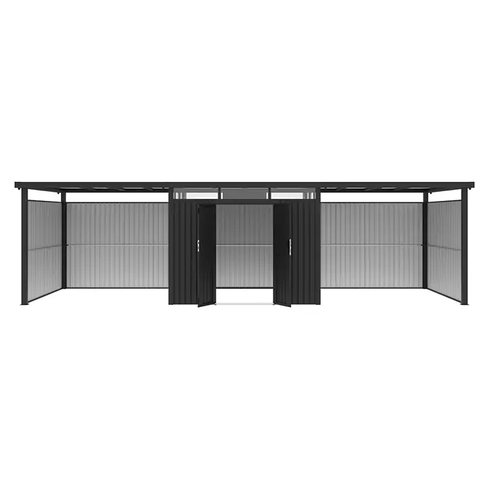 StarLine Metall Gerätehaus Style 7,56 m² Spar-Set-4 Anthrazit - Außenbreite inkl. Dachüberstand: 826 cm, Außentiefe inkl. Dachüberstand: 294 cm, Metall, Anthrazit - Schwarzer und grauer Wellblechschuppen mit geöffneten Doppeltüren, ideal zur Außenlagerung.