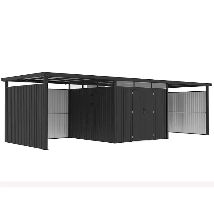 StarLine Metall Gerätehaus Style 7,56 m² Spar-Set-4 Anthrazit - Außenbreite inkl. Dachüberstand: 826 cm, Außentiefe inkl. Dachüberstand: 294 cm, Metall, Anthrazit - Dunkelgrauer Metall-Geräteschuppen mit integriertem offenem Carport/Unterstand, Wellblechwänden und transparentem Dach.