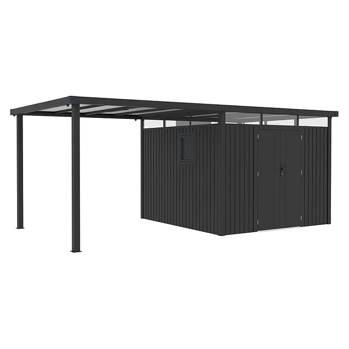 StarLine Metall Gerätehaus Style 7,56 m² Spar-Set-1 Anthrazit - Außenbreite inkl. Dachüberstand: 560 cm, Außentiefe inkl. Dachüberstand: 294 cm, Metall, Anthrazit - Dunkelgrauer Geräteschuppen mit integriertem Carport. Verfügt über ein kleines Fenster und Doppeltüren.