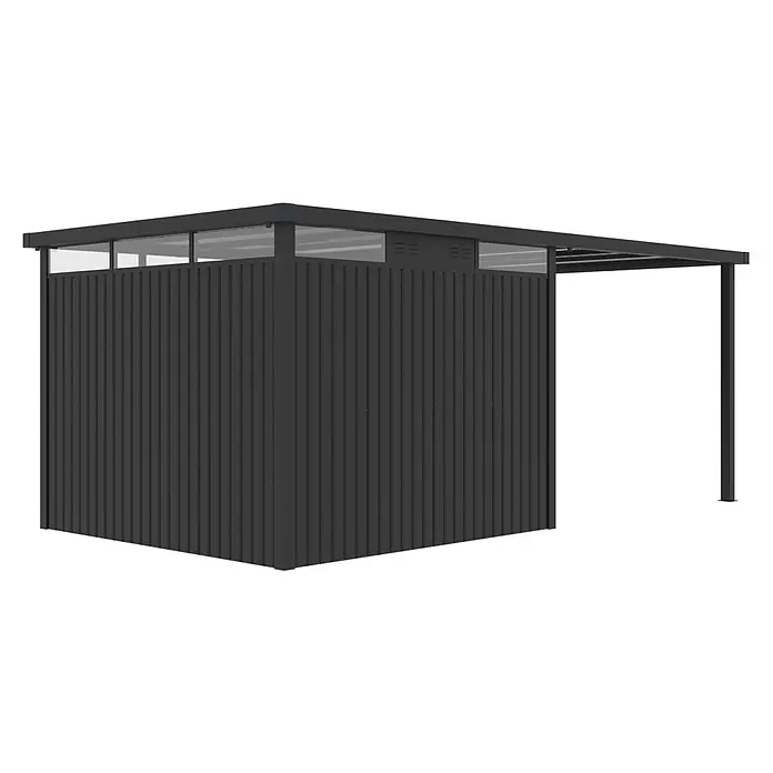 StarLine Metall Gerätehaus Style 7,56 m² Spar-Set-1 Anthrazit - Außenbreite inkl. Dachüberstand: 560 cm, Außentiefe inkl. Dachüberstand: 294 cm, Metall, Anthrazit - Dunkelgrauer Metallschuppen mit transparenten oberen Fenstern und integriertem Vordach für Außenlagerung und Schutz.