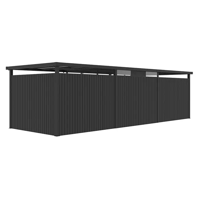 StarLine Metall Gerätehaus Style 7,56 m² Spar-Set-4 Anthrazit - Außenbreite inkl. Dachüberstand: 826 cm, Außentiefe inkl. Dachüberstand: 294 cm, Metall, Anthrazit - Dunkelgrauer Metall-Geräteschuppen mit Lattenwänden und Flachdach.