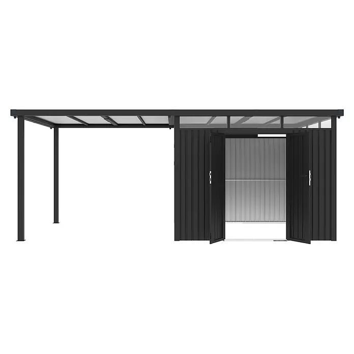 StarLine Metall Gerätehaus Style 7,56 m² Spar-Set-1 Anthrazit - Außenbreite inkl. Dachüberstand: 560 cm, Außentiefe inkl. Dachüberstand: 294 cm, Metall, Anthrazit - Schwarzer Metall-Carport mit integriertem Schuppen und geöffneten Türen.