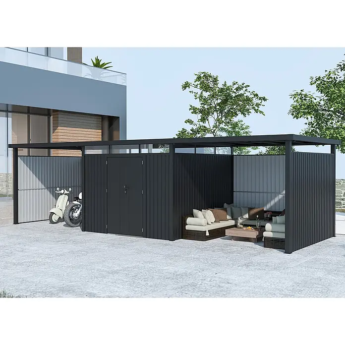 StarLine Metall Gerätehaus Style 7,56 m² Spar-Set-4 Anthrazit - Außenbreite inkl. Dachüberstand: 826 cm, Außentiefe inkl. Dachüberstand: 294 cm, Metall, Anthrazit - Dunkelgraues Metallschuppen- und Pergola-System mit Stauraum für einen Roller und einem Sitzbereich im Freien.